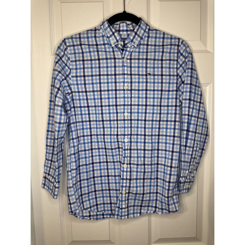 Vineyard Vines Boys Blue Gingham Whale Shirt Button Down Size M 12-14 LS